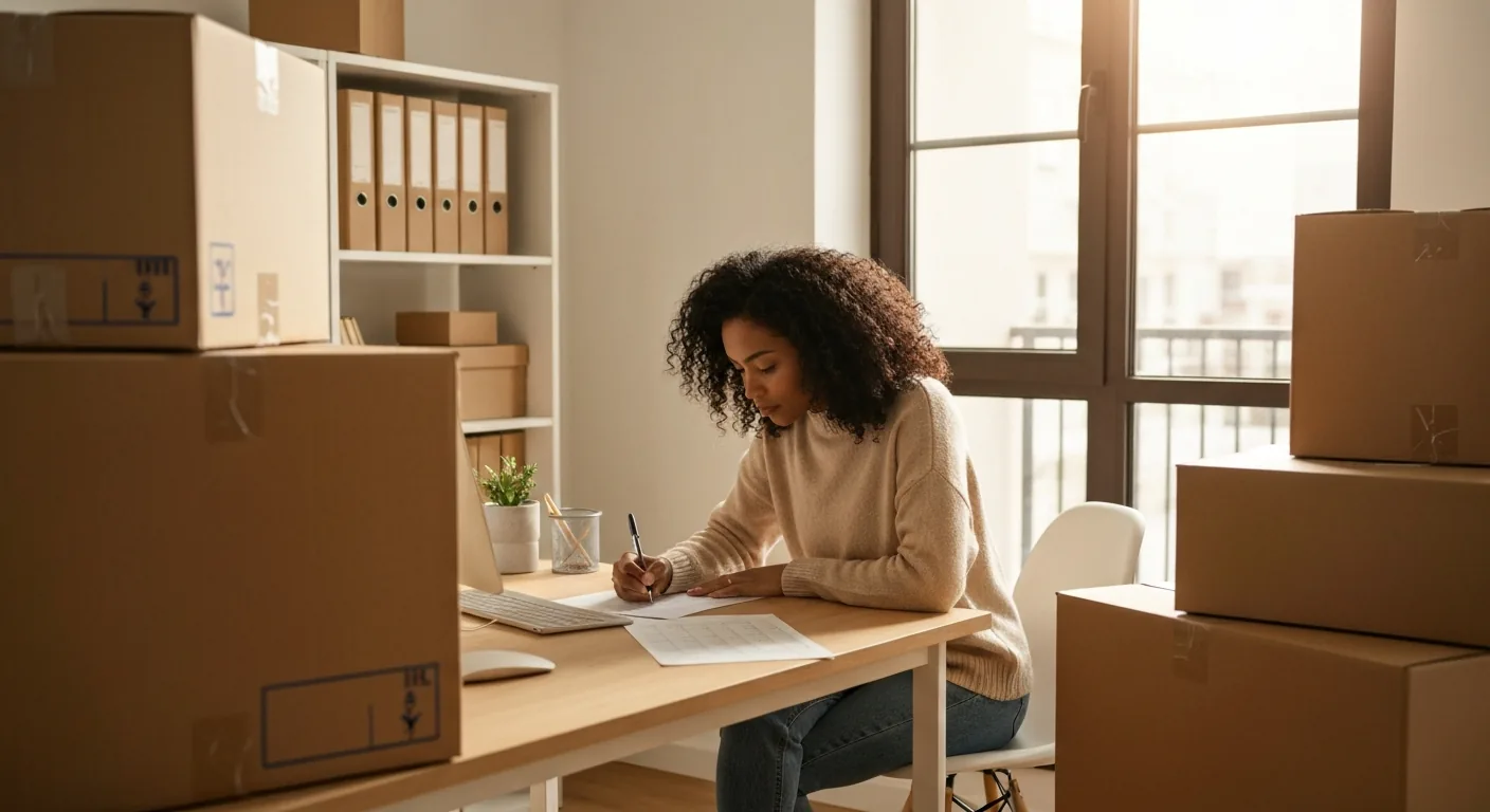 Person writing a moving checklist at a desk with boxes around