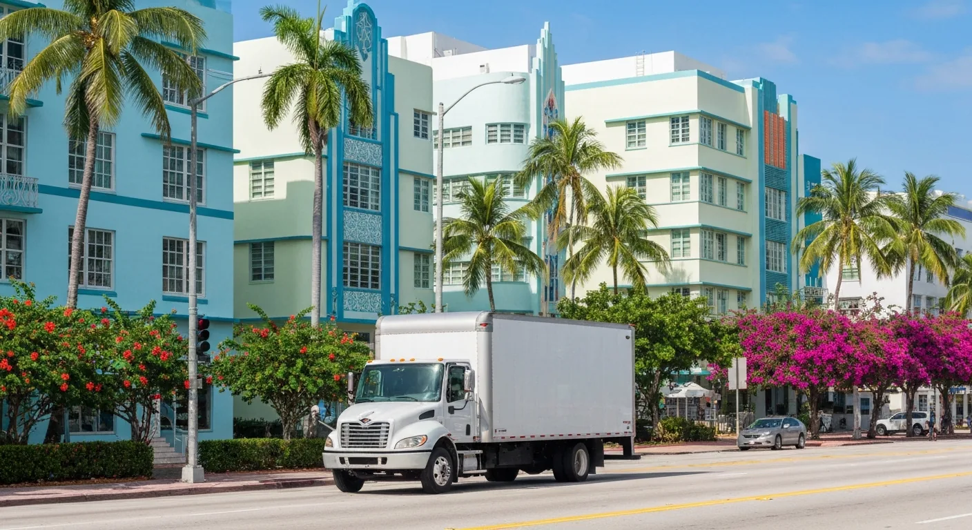 Professional moving truck on a Miami street with art deco buildings