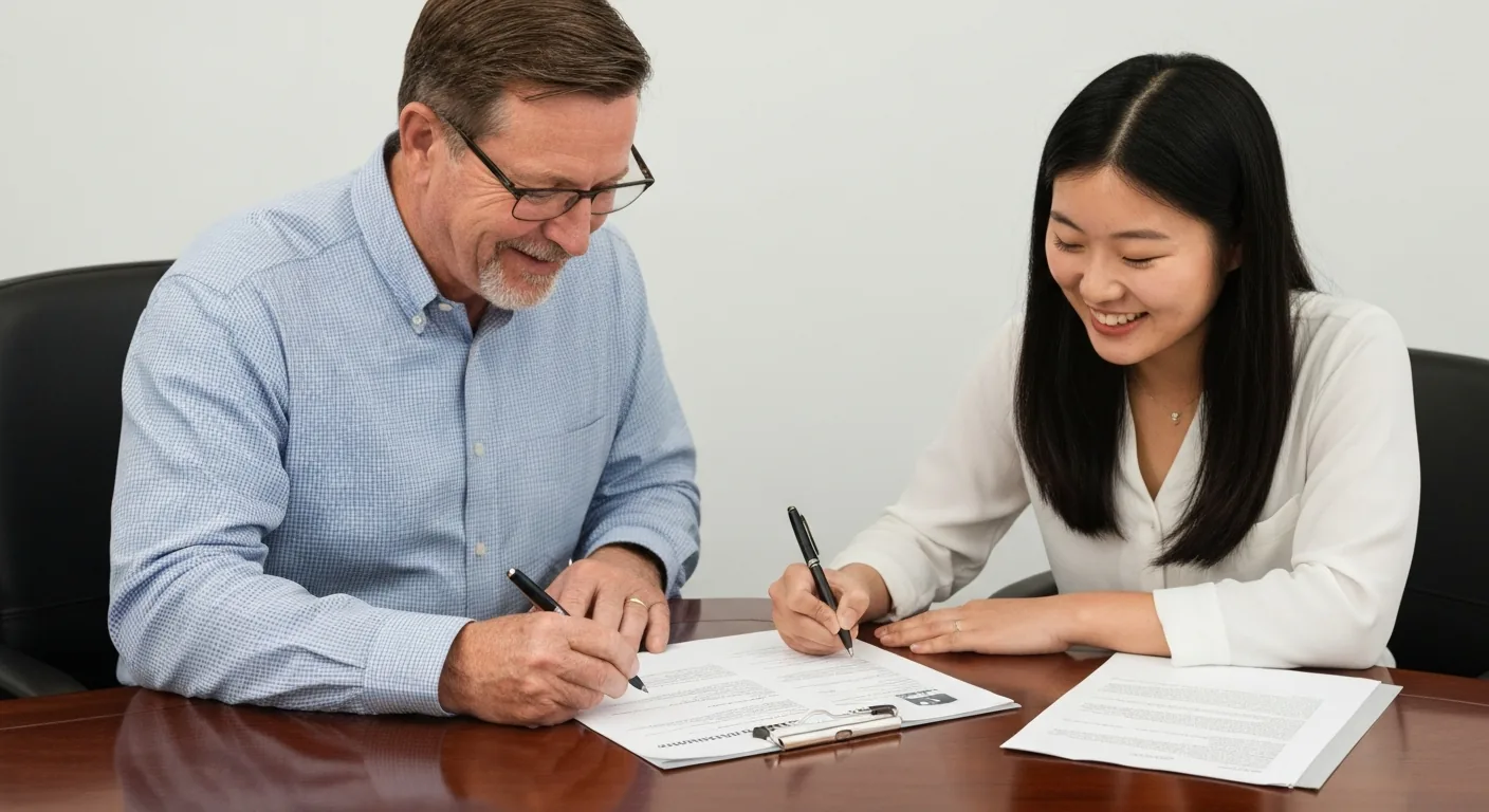 Two people reviewing and signing a moving estimate document