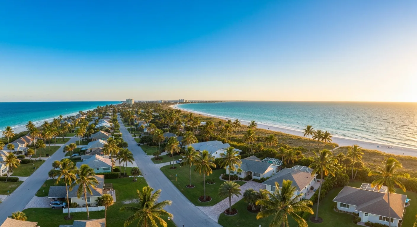 Aerial view of Florida coastal city with palm trees and turquoise water