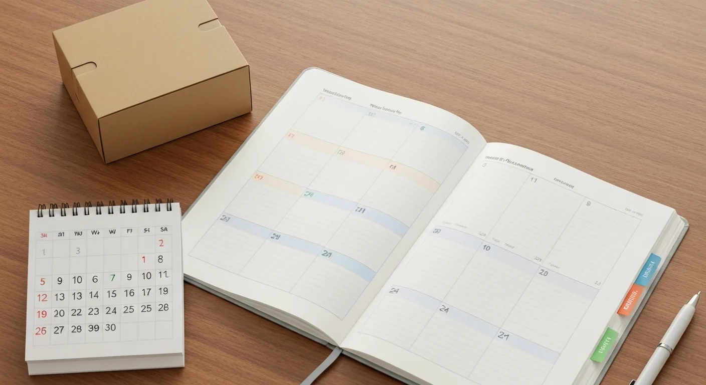 Moving timeline planner notebook with week-by-week schedule on wooden desk