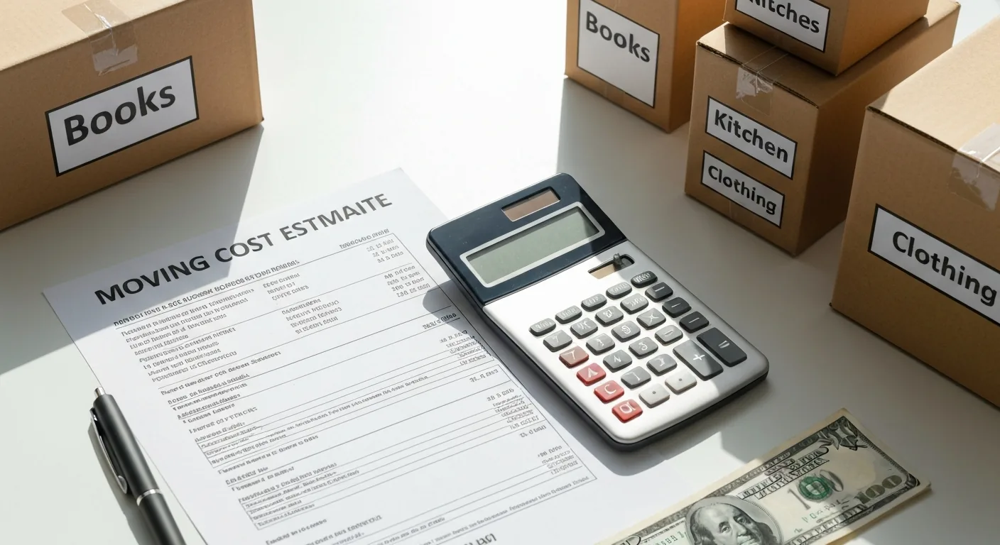 Moving cost estimate document with calculator and money on a desk