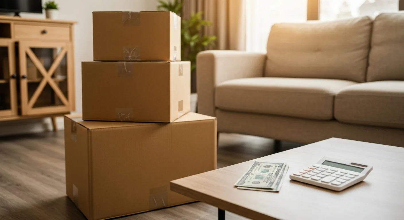 Moving boxes and calculator on a table in a Florida home