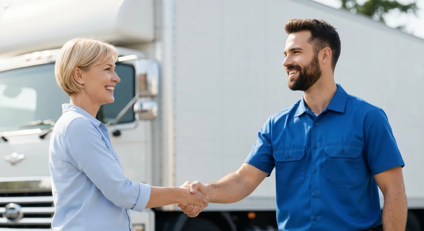 Professional mover shaking hands with a homeowner in front of a moving truck