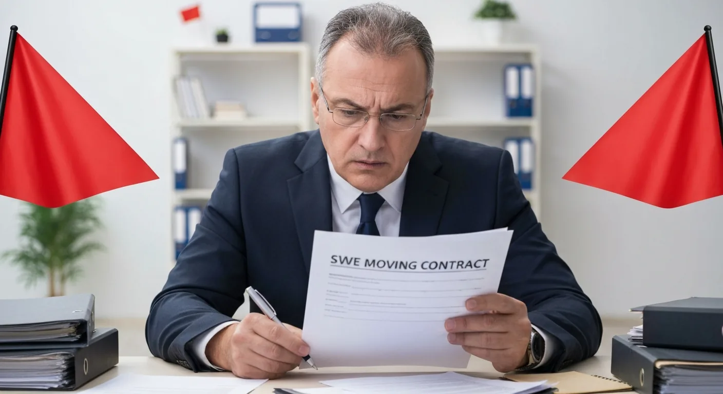 Person reviewing a suspicious moving contract with a concerned expression