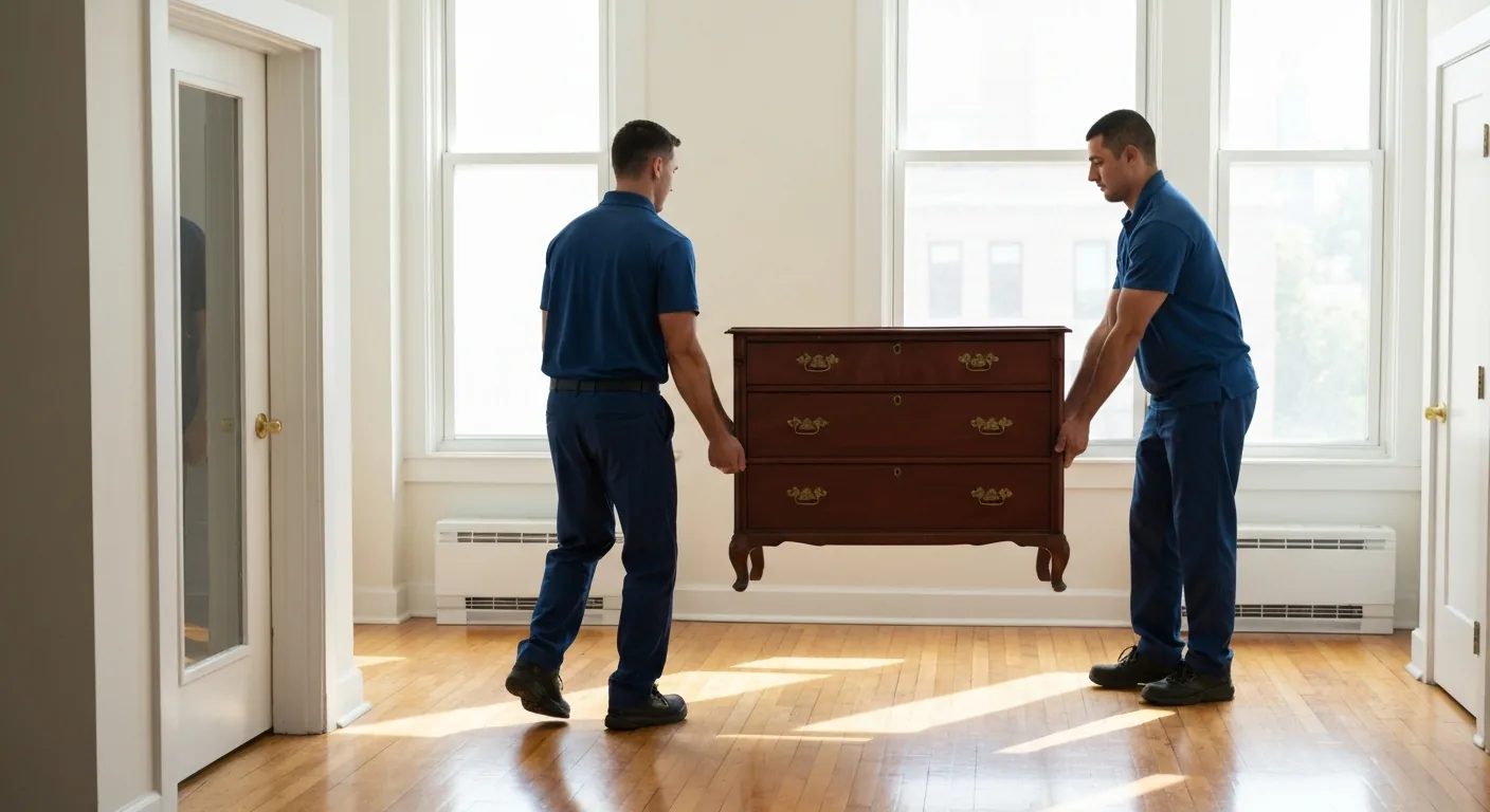 Professional movers carrying furniture on moving day