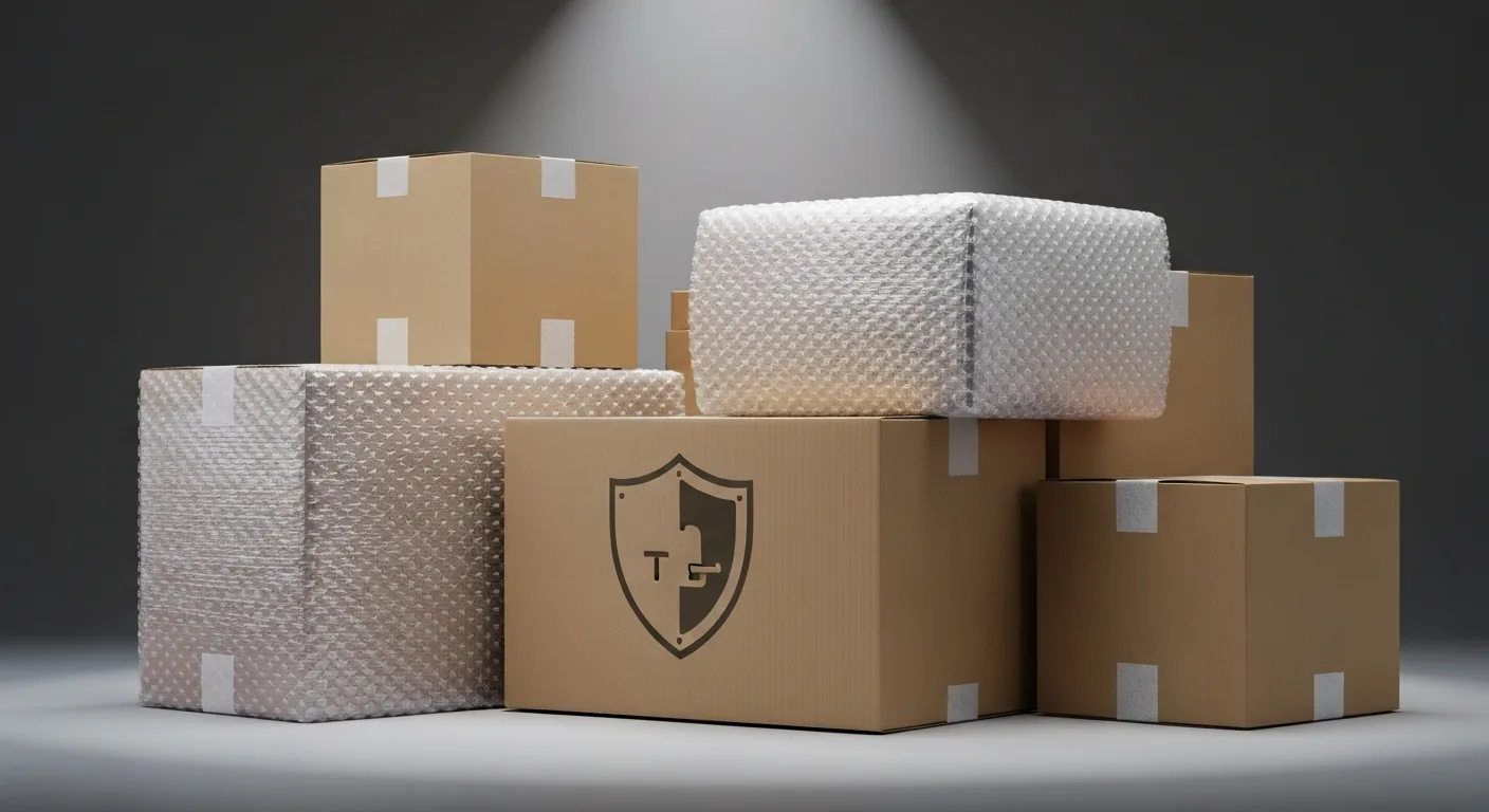 Moving boxes wrapped in protective material, insurance and security concept
