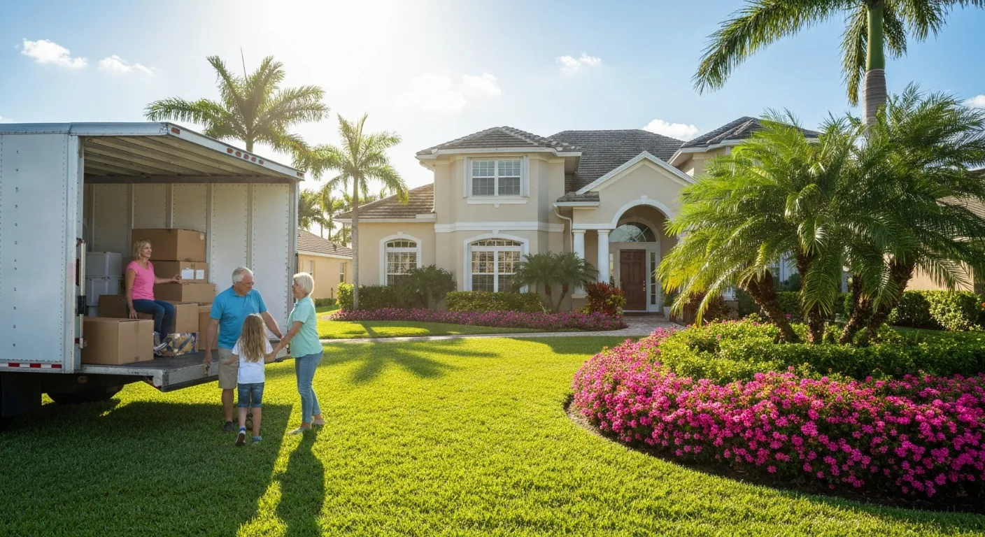 Family unloading a moving truck in front of a Florida home with palm trees