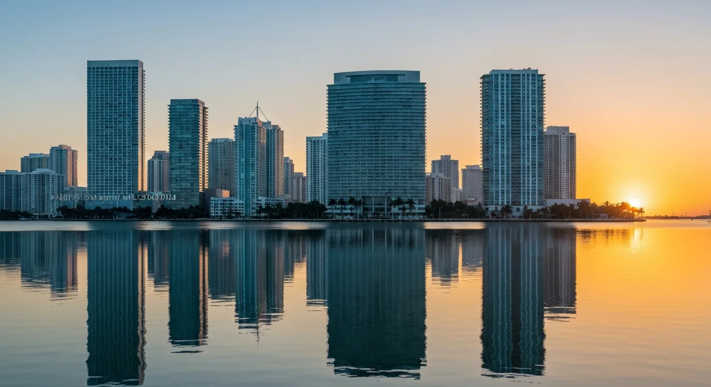Miami Brickell skyline reflected in Biscayne Bay at sunrise