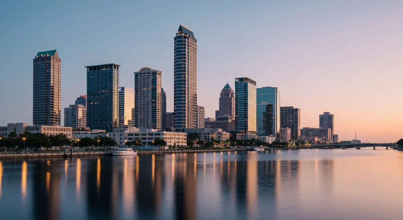 Tampa Bay waterfront skyline at golden hour