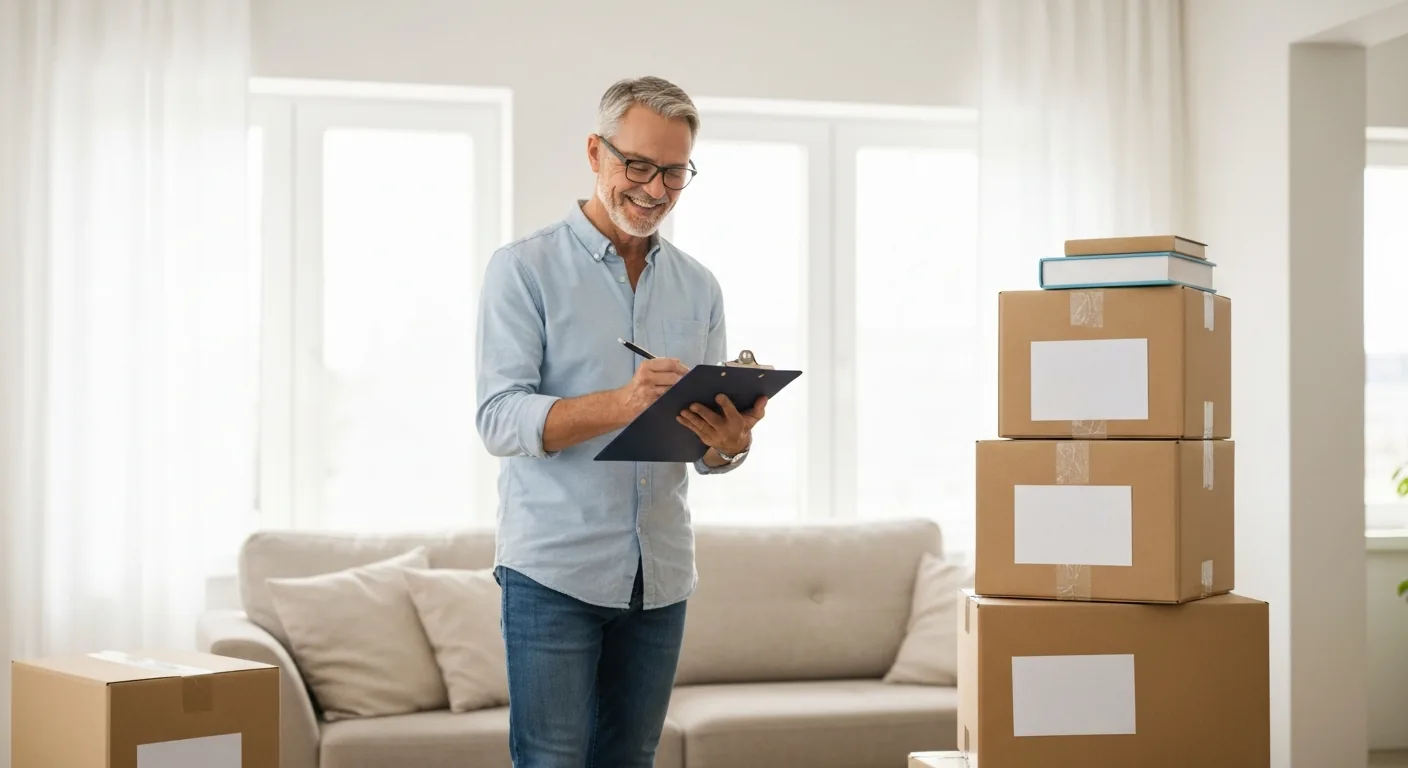 Organized labeled moving boxes in a bright living room